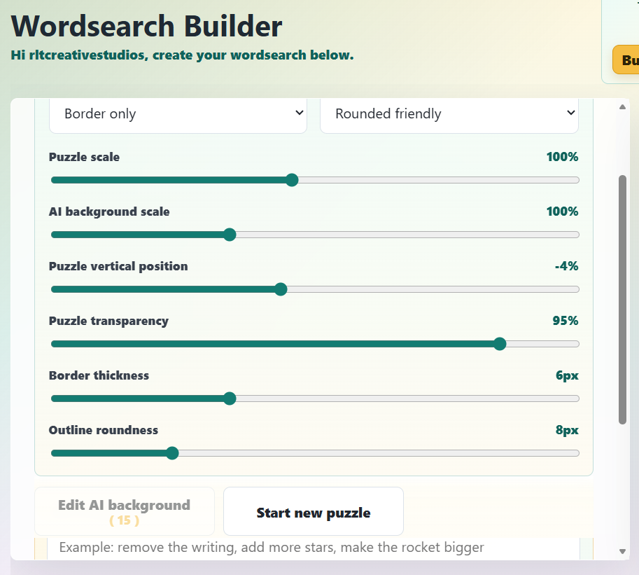Wordsearch Builder design controls
